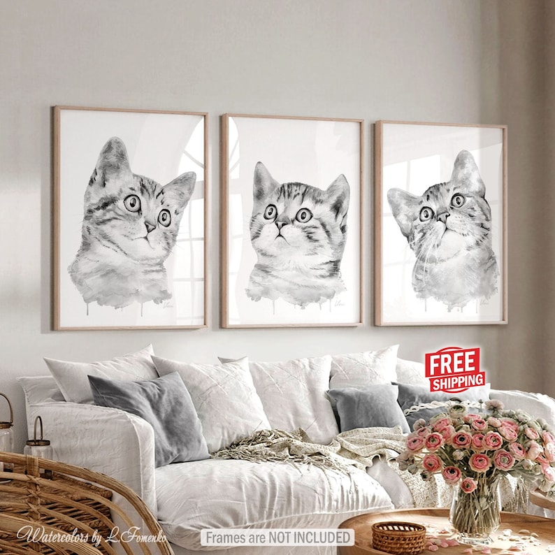 Grey cat painting Tabby cat decor Nursery wall art prints of original watercolor artwork Funny cat poster Cat lover gift Pet pictures image 1