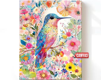 Hummingbird Wall Art PRINT: Whimsical Bird Painting, Folk Floral Cottagecore Decor, Colorful Flowers Canvas