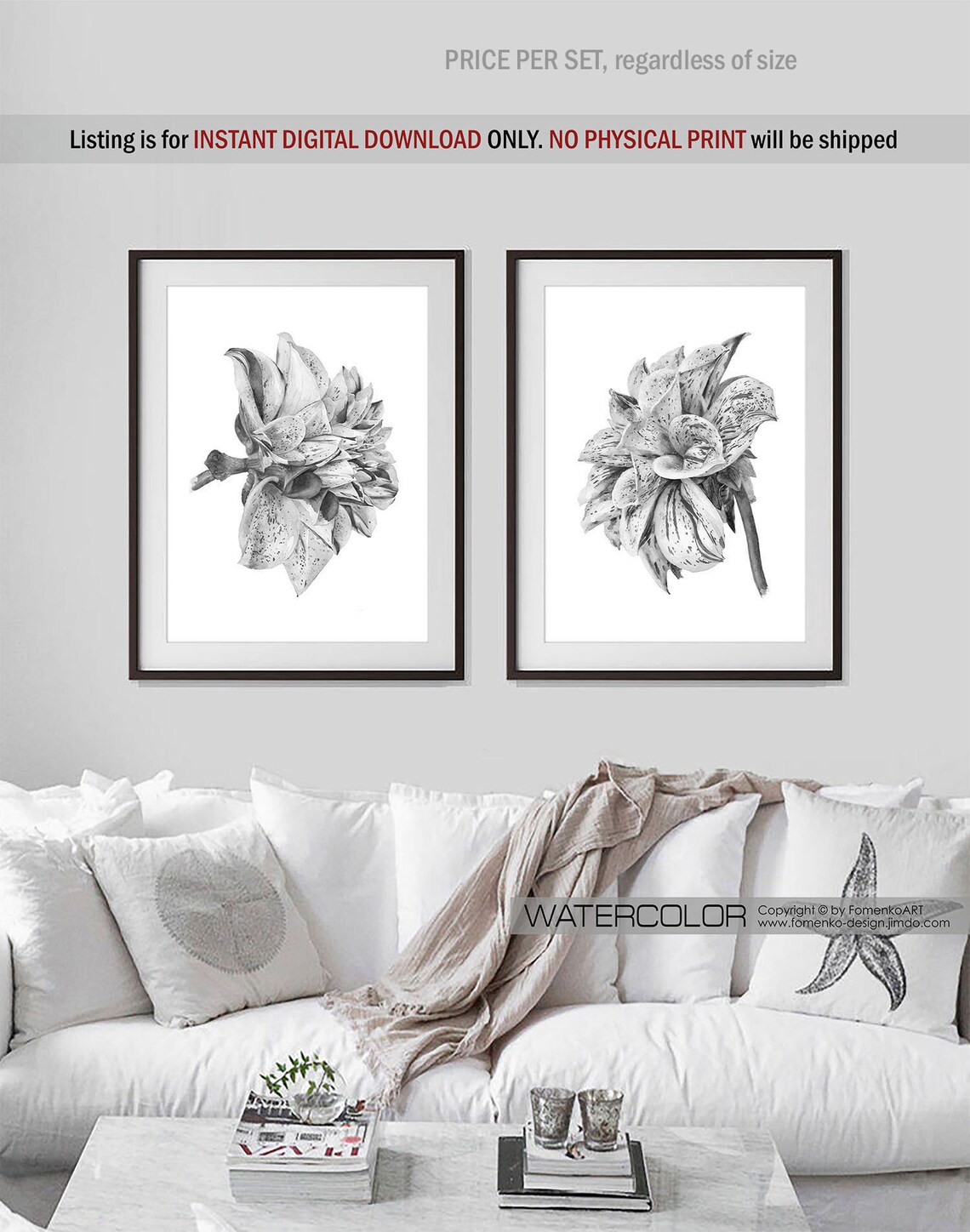 Printable wall art Flower art Bohemian decor Black and white Etsy
