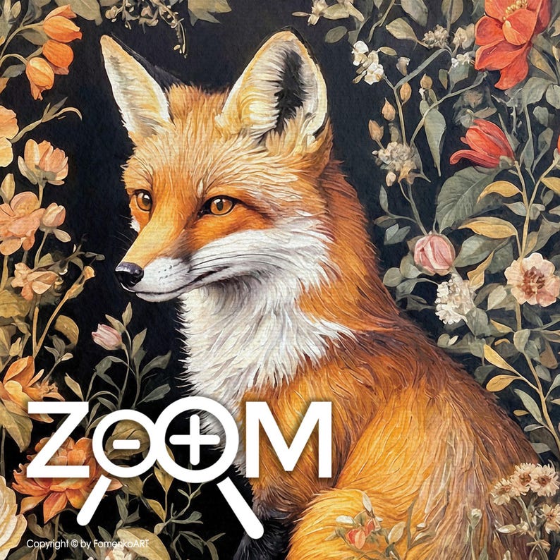 Fox Wall Art Print William Morris Inspired Canvas Oil Painting, Vintage Style Floral Gift Large Mid Century Cottagecore Dark Academia Decor imagem 9