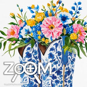 May include: Watercolor painting of blue and white floral cowboy boots filled with a vibrant bouquet of pink, yellow, and blue flowers. The word "Zoom" is in the image.