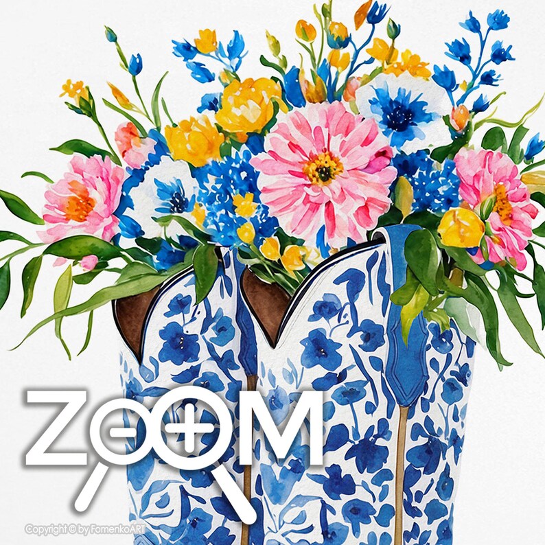 May include: Watercolor painting of blue and white floral cowboy boots filled with a vibrant bouquet of pink, yellow, and blue flowers. The word "Zoom" is in the image.