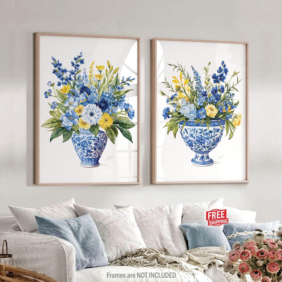 Chinoiserie Wall Art Prints: Wildflower Decor, Floral Painting & Blue ...