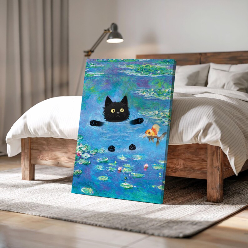 Regalos de gato negro, impresión de Claude Monet, arte de pared divertido y lindo, póster de nenúfares, gatito, pintura al óleo, lienzo, dibujo de mascota, amante, decoración de pared para dormitorio imagen 4