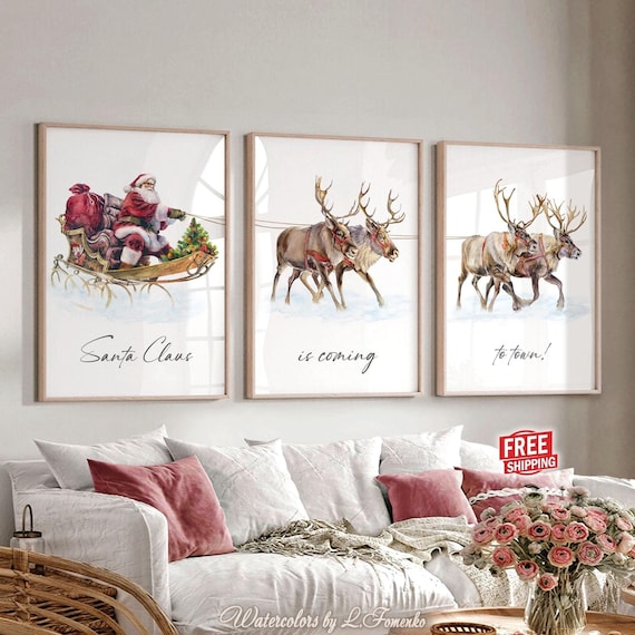Christmas Decoration: Vintage Santa Wall Art Prints Set, Large Holiday Merry Christmas Poster, 3 Piece Festive Home Decor Indoor Artwork