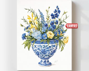 Wildflower Wall Art Print: Chinoiserie Decor, Blue Vase & Peony Flower Painting, Floral Grandmillennial Gift