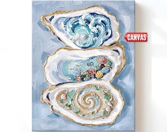 Impresión de arte mural de concha de ostra con decoración costera: pintura de playa, obra de arte abstracta en lienzo de concha marina.
