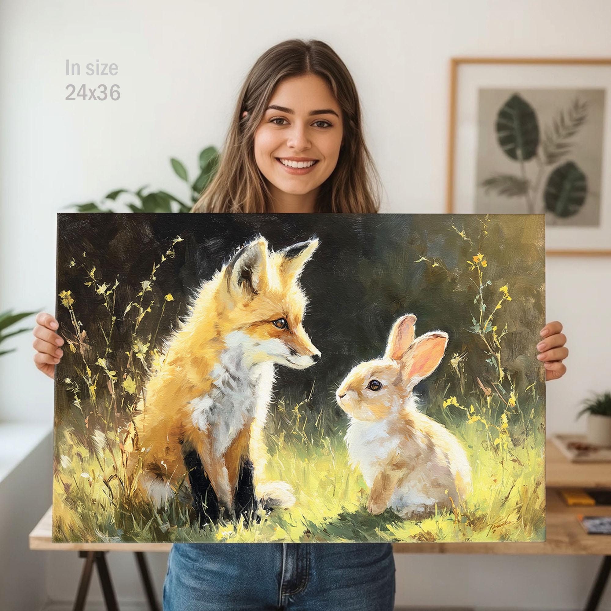 Fox Rabbit Art Fox & Rabbit Canvas Wall Art Print: Oil Painting Bunny Woodland Animals ...