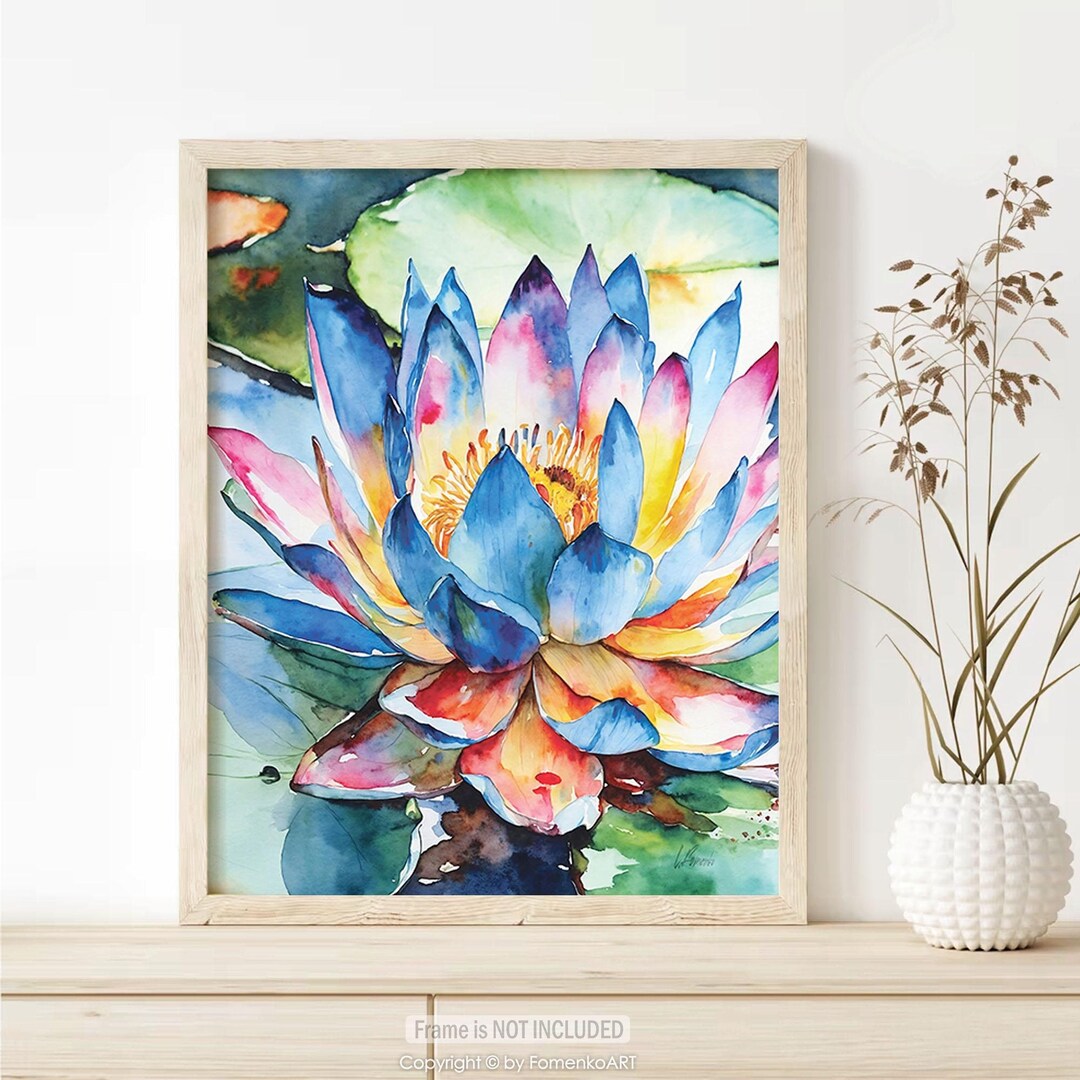 Watercolor Blue Lotus Flower Wall Art Print - Colorful Painting, Canvas ...