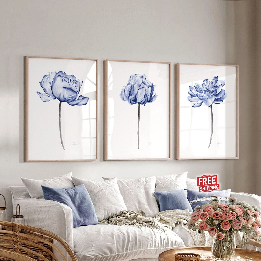 Blue Peony Flower Wall Art Prints - Watercolor Painting Set of 3, Large ...