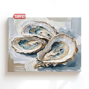 Coastal Oyster Shells Wall Art - Print Of My Oil Painting, Beach House Decor On Canvas, Hamptons Ocean Gift For Her Nautical Sea Picture