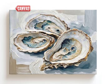 Coastal Oyster Shells Wall Art - Print Of My Oil Painting, Beach House Decor On Canvas, Hamptons Ocean Gift For Her Nautical Sea Picture