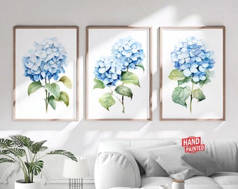 Set Of 3 Blue Watercolor Hydrangea Prints, Minimalist Colorful Wall Decor, Botanical Wall Art Cottagecore, Digital Download Printable Flower