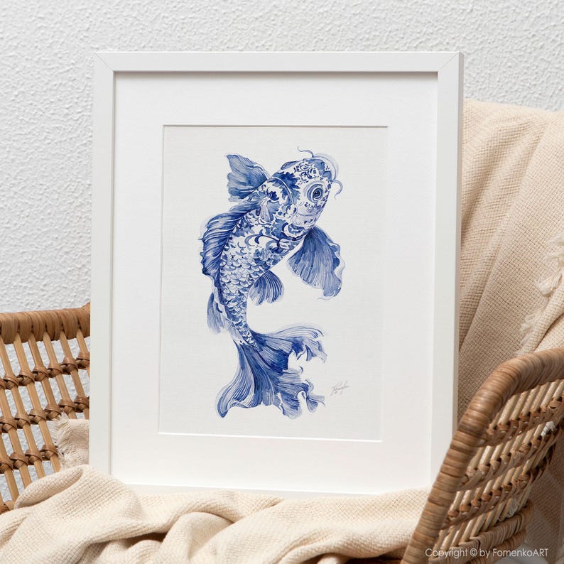 Chinoiserie Koi Fish Wall Art Print: Coastal Watercolor Painting Blue Nautical Decor Mother Gift image 18