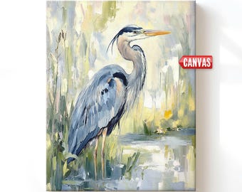 Bird Oil Painting PRINT - Great Blue Heron Wall Art, Coastal Artwork Beach House Decor Nature Canvas Gift Large Rustic Picture Wetland Heron