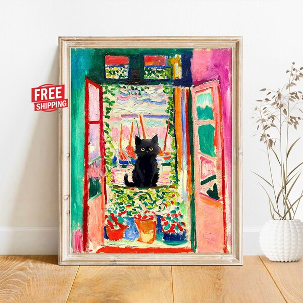 Black Cat Wall Art Poster Matisse Print On Canvas, Open Window Painting Cute Funny Kitten Cat Lover Gifts Pet Home Decor Bedroom Wall Decor