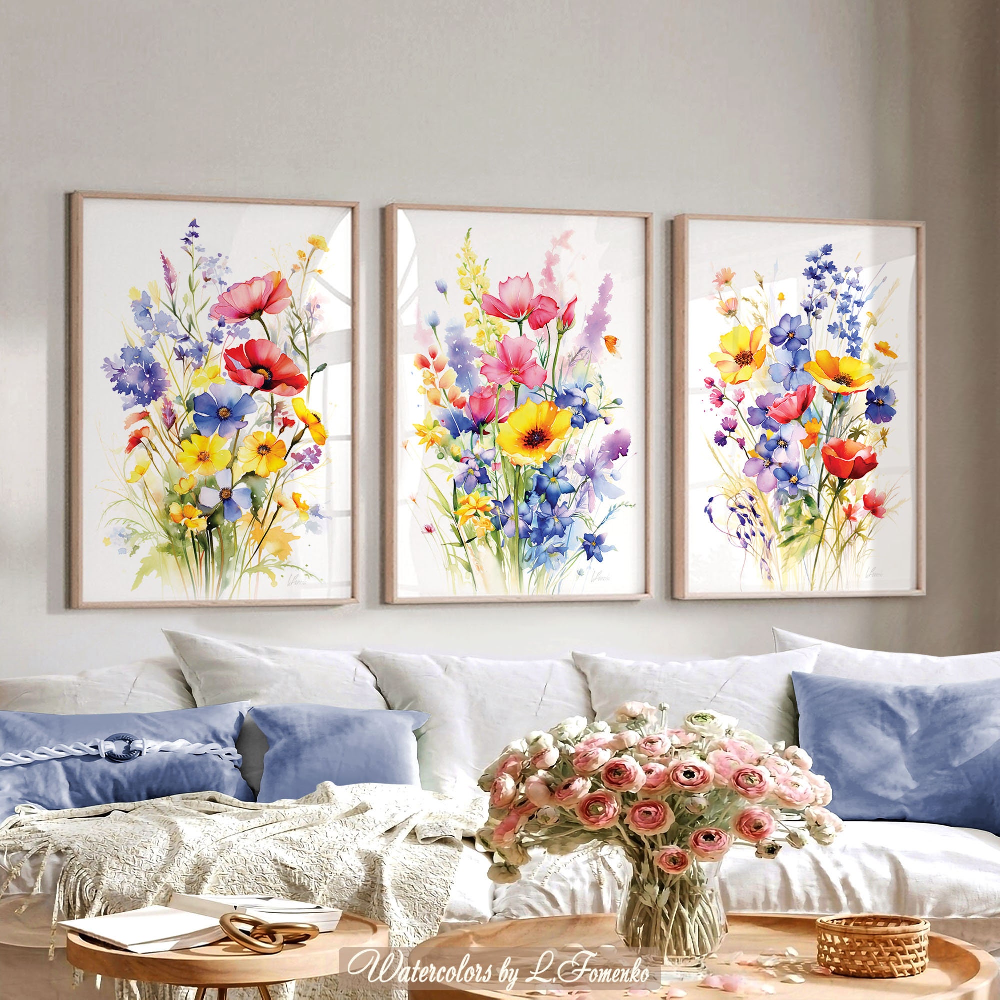 Flowers and Ink Abstract Flower Painting Floral Wall Art Wildflower Decor  Wildflower Nursery Decor Greenery Wall Art Living Room Wall Decor 
