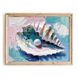 Oyster shell and pearl wall art - print of my oil painting, coastal beach house decor, ocean seashell on gallery wrapped stretched canvas, large nautical signed artwork, pastel pink blue teal colors, hand painted gift for woman sister mother mom her