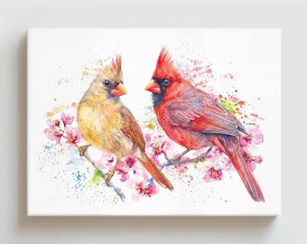 Lámina decorativa de pared con diseño de cardenal, cuadro de pareja romántica, regalo para amantes de la naturaleza, decoración rústica en acuarela.