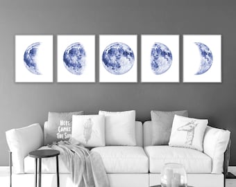 Blue moon print Printable wall art set of 5 prints Dining room set Celestial watercolor Moon phases poster Above bed art Navy blue wall art