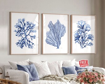 Coral Seaweed Print Nautical Wall Decor Bedroom Navy Blue Wall Art Scandinavian Beach House Gift Large Coastal Poster Minimalist Artwork