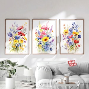 Wildflower Painting Watercolor Flower Prints Colorful Wall Art Set Of 3 Posters, Printable Florals Bedroom Wall Decor Field DIGITAL DOWNLOAD