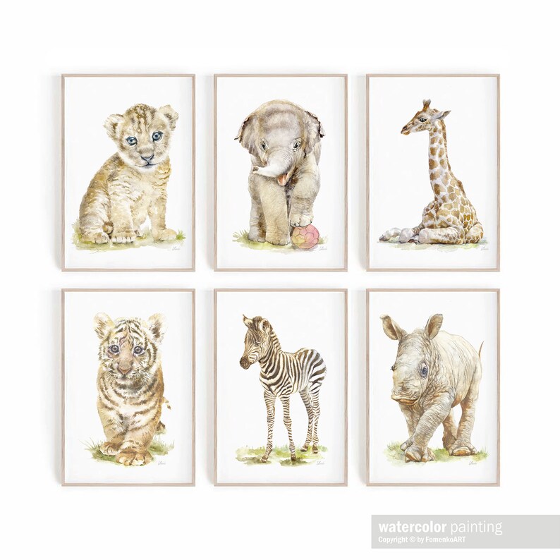 Puede incluir: Conjunto de seis pinturas de acuarela que representan animales beb&eacute;s. Las pinturas incluyen un le&oacute;n, un elefante, una jirafa, un tigre, una cebra y un rinoceronte. Cada animal est&aacute; representado en un estilo juguet&oacute;n y caprichoso.