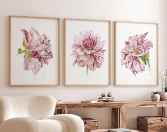 Watercolor Red Dahlias Set of 3 Prints for Modern Home Decor, Bedroom Wall Decor Above Couch Wall Art Botanical Poster Flower Artwork Gift