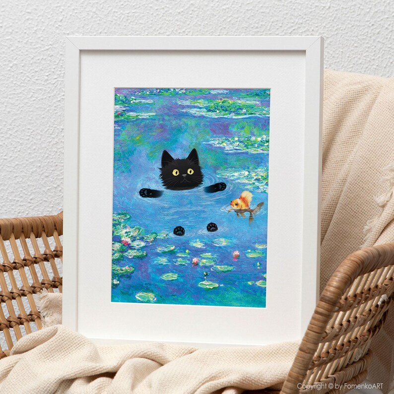 Regalos de gato negro, impresión de Claude Monet, arte de pared divertido y lindo, póster de nenúfares, gatito, pintura al óleo, lienzo, dibujo de mascota, amante, decoración de pared para dormitorio imagen 15