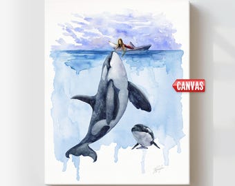 Orca whale art Canvas print Watercolor orca painting Orca wall art Killer whale artwork Ocean nursery decor Kids picture Blue nautical gift