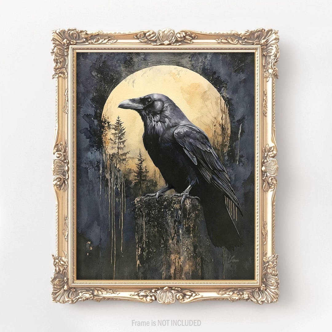 Black Raven Wall Art Print Crow Bird Painting Gothic Whimsical ...