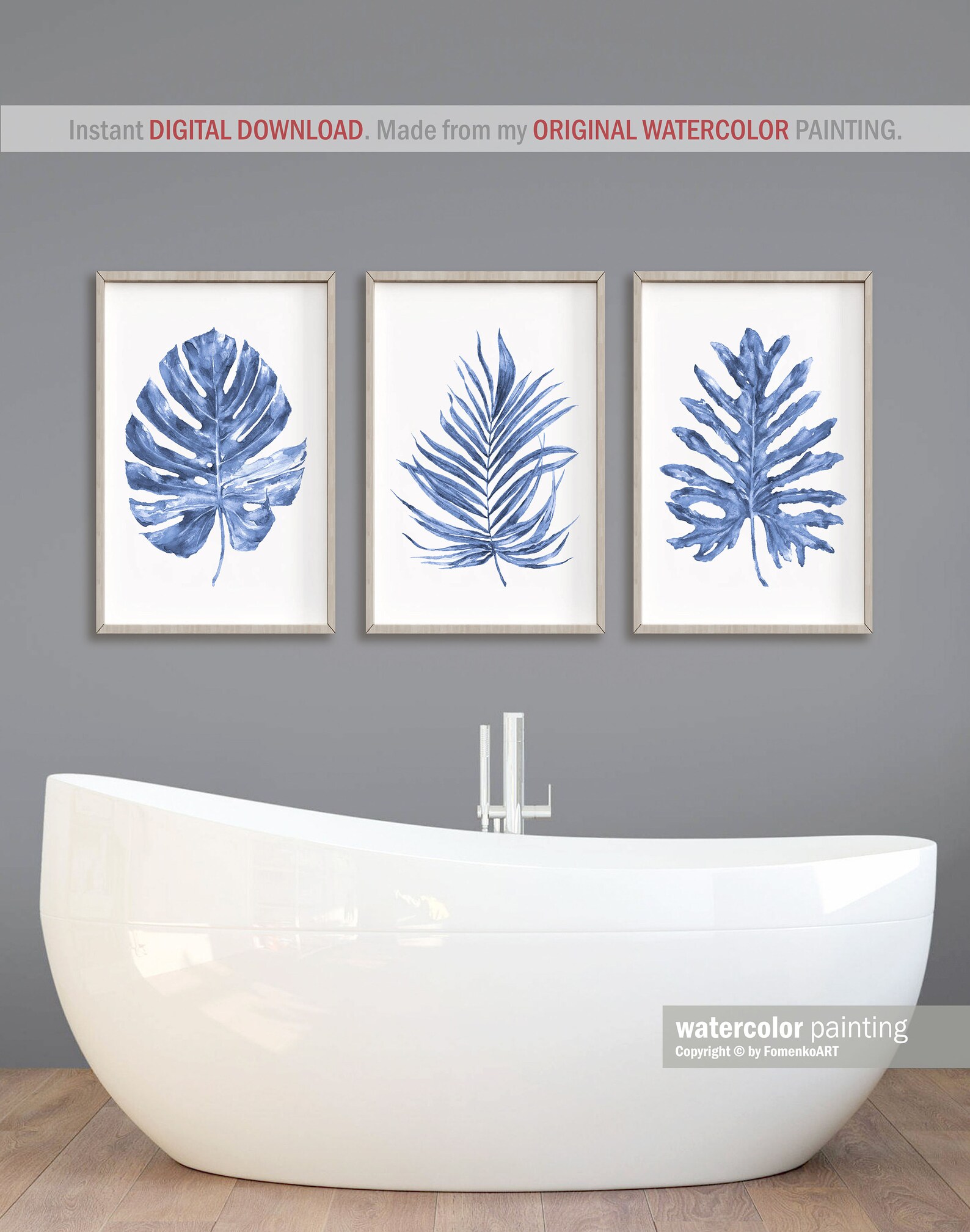 Bathroom Wall Art Palm Leaf Downloadable Prints Wall Decor | Etsy