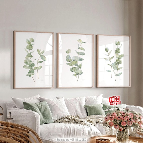 Set Of 3 Green Watercolor Eucalyptus Prints, Minimalist Bedroom Wall Decor Living room Wall Art Over The Bed Plant Poster Above Bed Artwork