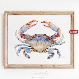 Blue Crab Wall Art Print - Watercolor Painting, Coastal Nautical Kitchen Decor, Seafood Canvas Poster, Ocean Crab Modern Beach House Artwork