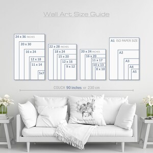 Pu&ograve; includere: Una guida alle dimensioni dell'arte da parete con diverse dimensioni in pollici, tra cui 24x36, 20x30, 16x24, 12x18, 11x14, 5x7, 22x28, 18x24, 15x20, 12x16, 9x12, 20x24, 16x20, 11x17, 10x13, 8x10. La guida include anche i formati di carta ISO A1, A2, A3, A4 e A5. La guida &egrave; visualizzata su una parete bianca sopra un divano bianco.