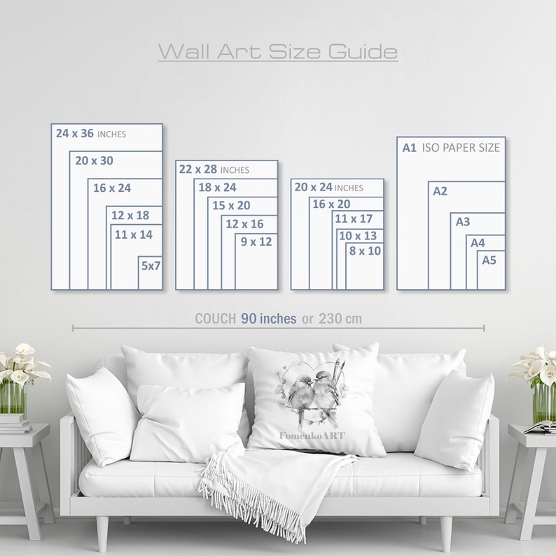 Pu&ograve; includere: Una guida alle dimensioni dell'arte da parete con diverse dimensioni in pollici, tra cui 24x36, 20x30, 16x24, 12x18, 11x14, 5x7, 22x28, 18x24, 15x20, 12x16, 9x12, 20x24, 16x20, 11x17, 10x13, 8x10. La guida include anche i formati di carta ISO A1, A2, A3, A4 e A5. La guida &egrave; visualizzata su una parete bianca sopra un divano bianco.
