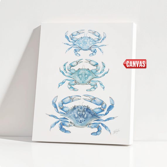Blue Crabs Wall Art Print - Watercolor Painting, Coastal Nautical Kitchen Decor, Seafood Canvas Poster, Ocean Crab Beach House Artwork