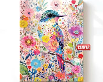 Whimsical Bird Wall Art PRINT: Folk Painting, Floral Eclectic Cottagecore Decor, Colorful Flowers Canvas