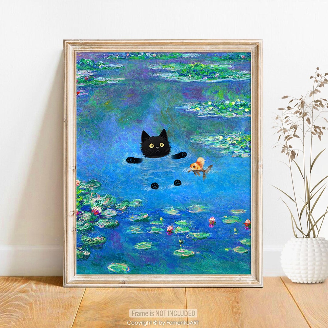 Black Cat Gifts Claude Monet Print Cute Funny Wall Art, Water Lilies ...