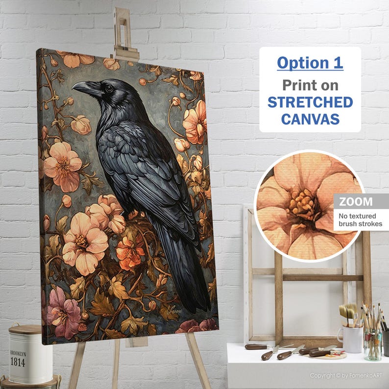 May include: A black raven perched on a branch with pink and white flowers. The raven has a dark blue-grey body and black eyes. The background is a dark blue-grey with a floral pattern.