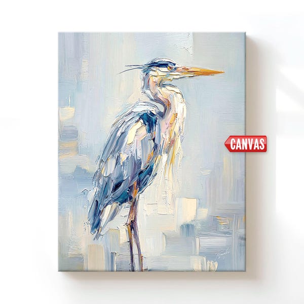 Impresión de arte mural con pintura al óleo de garza, decoración de playa costera, obra de arte náutico en lienzo con pájaro azul