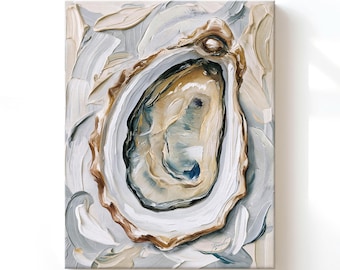 Coastal Oyster Shell Wall Art Print, Nautical Painting, Ocean Beach Decor, Sea Canvas Artwork