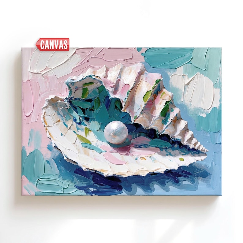 Oyster shell and pearl wall art - print of my oil painting, coastal beach house decor, ocean seashell on gallery wrapped stretched canvas, large nautical signed artwork, pastel pink blue teal colors, hand painted gift for woman sister mother mom her