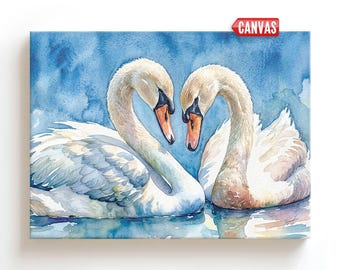 Swan Wall Art Print: Bird Painting, Coastal Decor Canvas Romantic Love Couple Gift Ideas