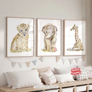 Nursery Prints Animal Wall Art, Safari Nursery Decor, Jungle Pictures Gift, Baby Boy Kids Poster Elephant Painting Lion Artwork