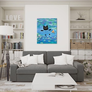 Regalos de gato negro, impresión de Claude Monet, arte de pared divertido y lindo, póster de nenúfares, gatito, pintura al óleo, lienzo, dibujo de mascota, amante, decoración de pared para dormitorio imagen 14