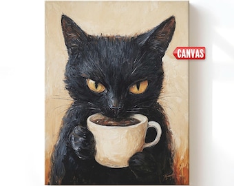 Black Cat Art Print - Oil Painting Cute Cat Lover Gift Whimsical Wall Decor Canvas Abstract Artwork Funny Coffee Poster Animal Vintage Style