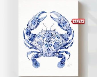 Chinoiserie Crab Coastal Wall Art Print: Watercolor Painting Blue Nautical Decor