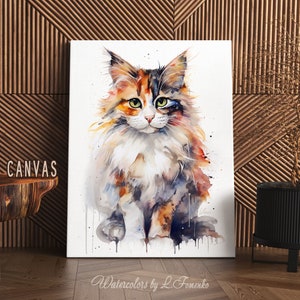 Impresión de gato calicó, arte de pared, pintura de acuarela, póster en lienzo, regalo para amantes de los gatos, obra de arte original, lindo retrato, imagen de mascota, decoración, dibujo divertido