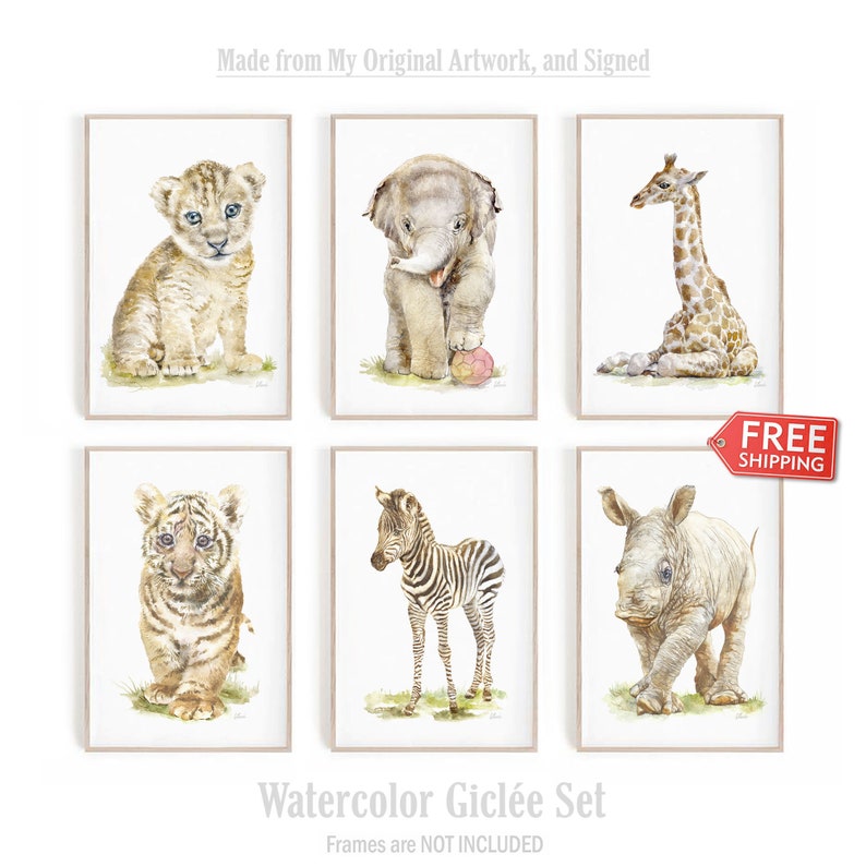 Giclee set of 6 watercolor safari jungle animals wall art prints for a baby nursery decor. Signed by the artist on the front. Available in different sizes. Free shipping.